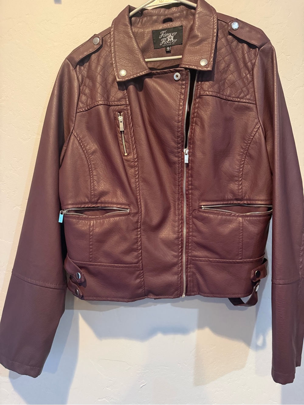 Forever Flower Faux Leather Moto Jacket – Women’s XL – Mauve/Burgundy